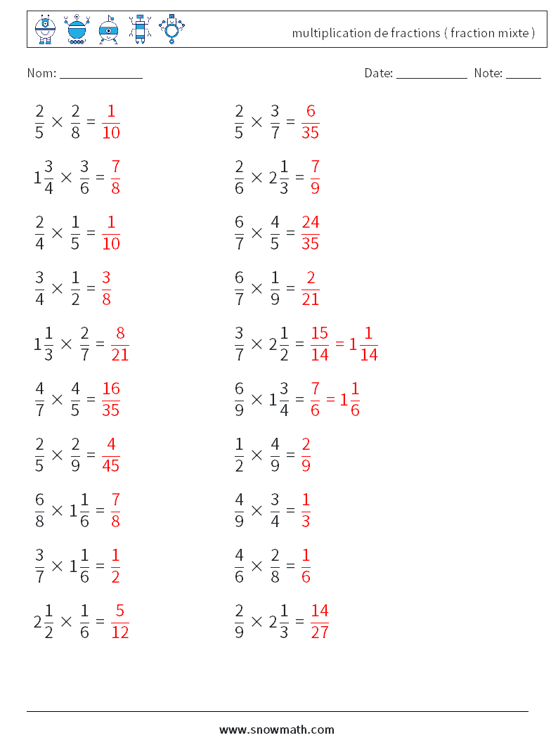 (20) multiplication de fractions ( fraction mixte ) Fiches d'Exercices de Mathématiques 13 Question, Réponse