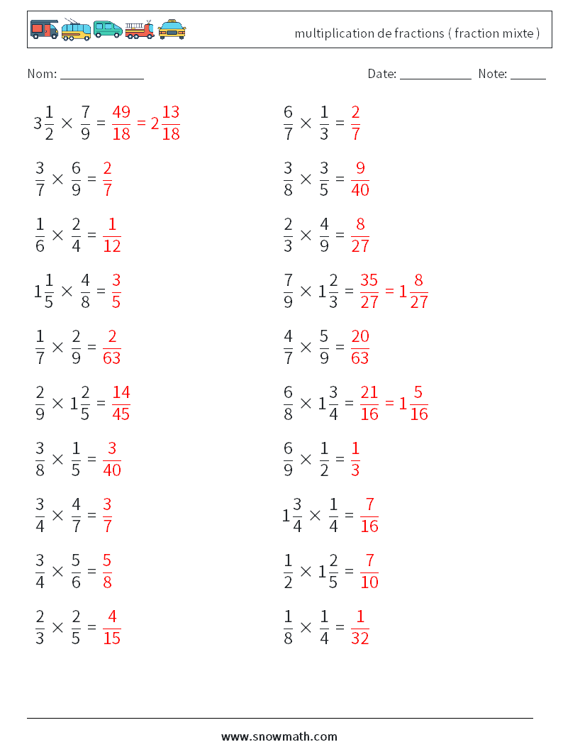 (20) multiplication de fractions ( fraction mixte ) Fiches d'Exercices de Mathématiques 15 Question, Réponse