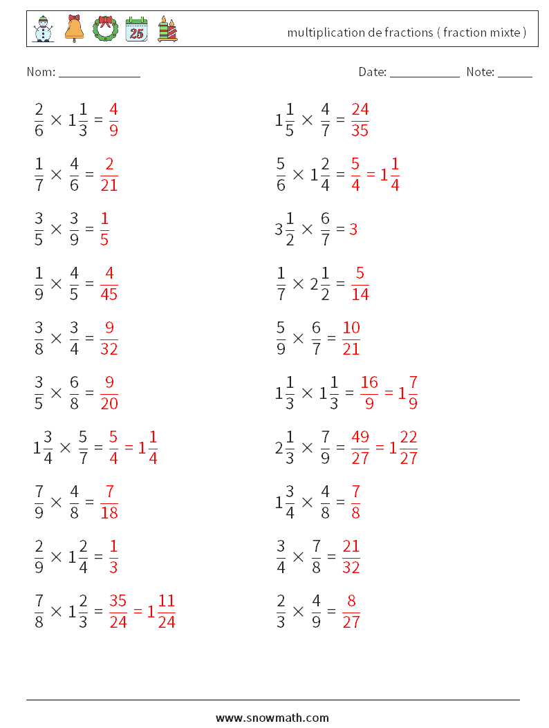 (20) multiplication de fractions ( fraction mixte ) Fiches d'Exercices de Mathématiques 16 Question, Réponse