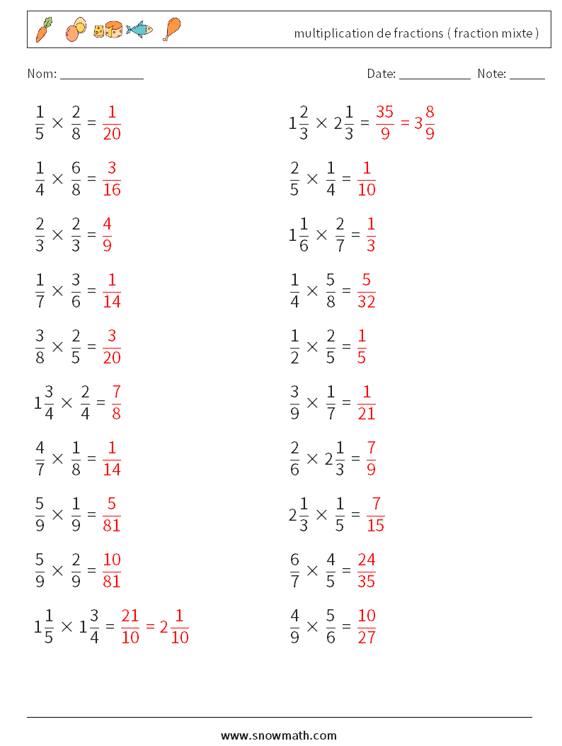 (20) multiplication de fractions ( fraction mixte ) Fiches d'Exercices de Mathématiques 17 Question, Réponse