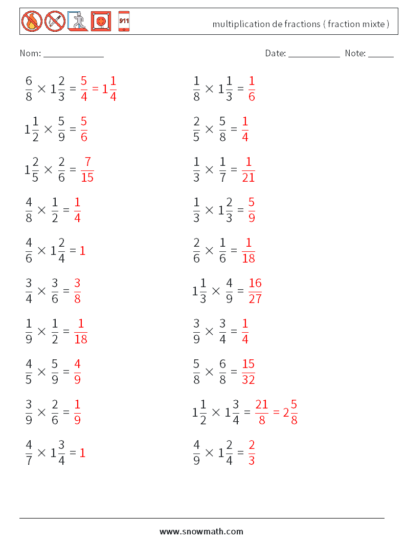 (20) multiplication de fractions ( fraction mixte ) Fiches d'Exercices de Mathématiques 18 Question, Réponse