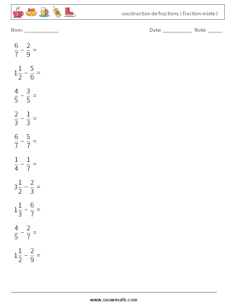 (10) soustraction de fractions ( fraction mixte )