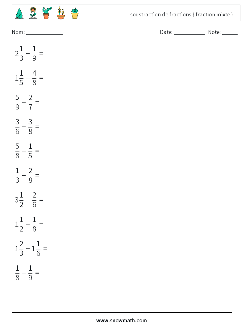 (10) soustraction de fractions ( fraction mixte ) Fiches d'Exercices de Mathématiques 10