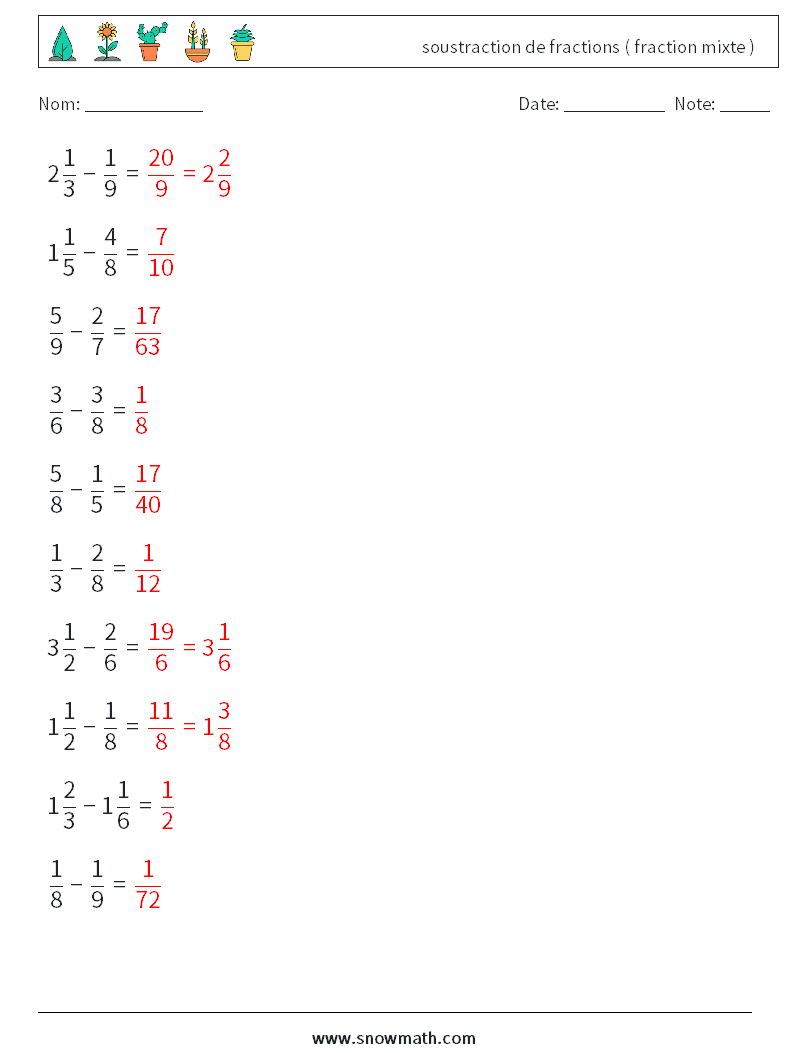 (10) soustraction de fractions ( fraction mixte ) Fiches d'Exercices de Mathématiques 10 Question, Réponse