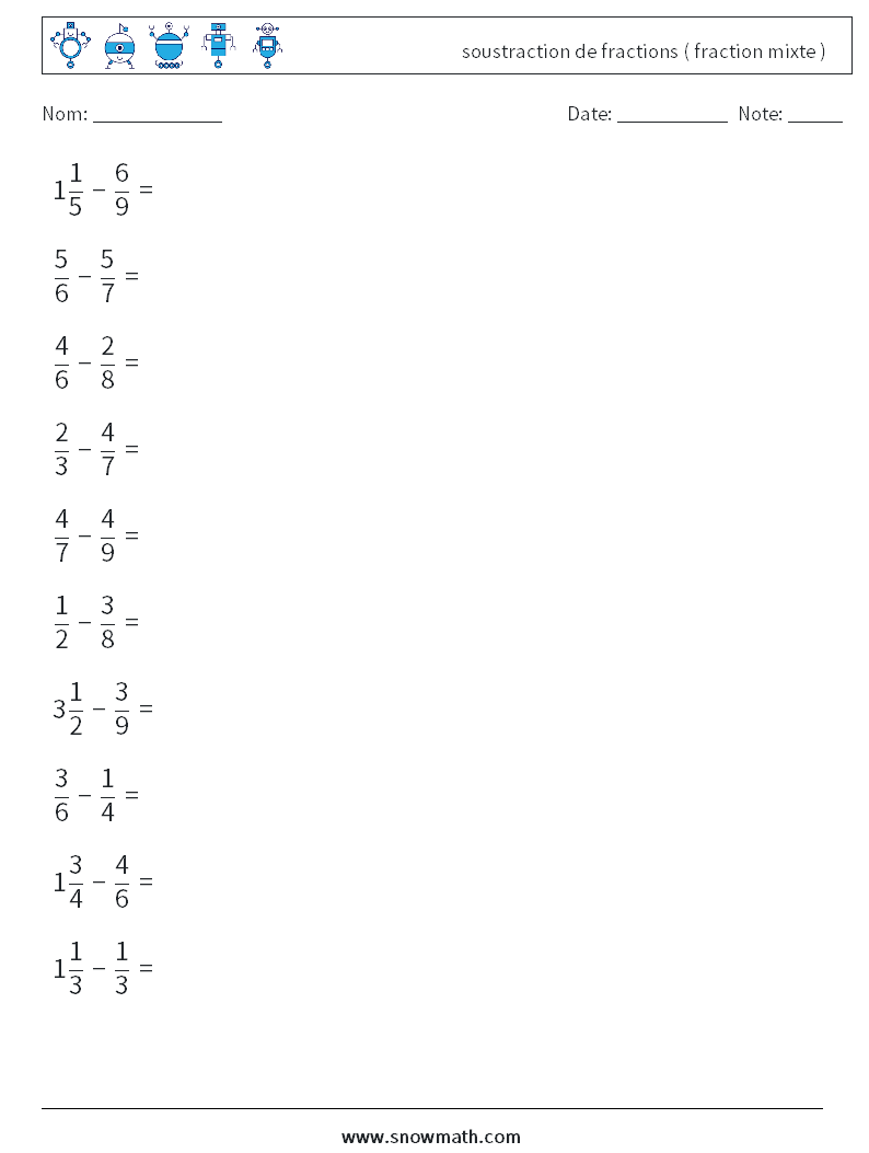 (10) soustraction de fractions ( fraction mixte ) Fiches d'Exercices de Mathématiques 11