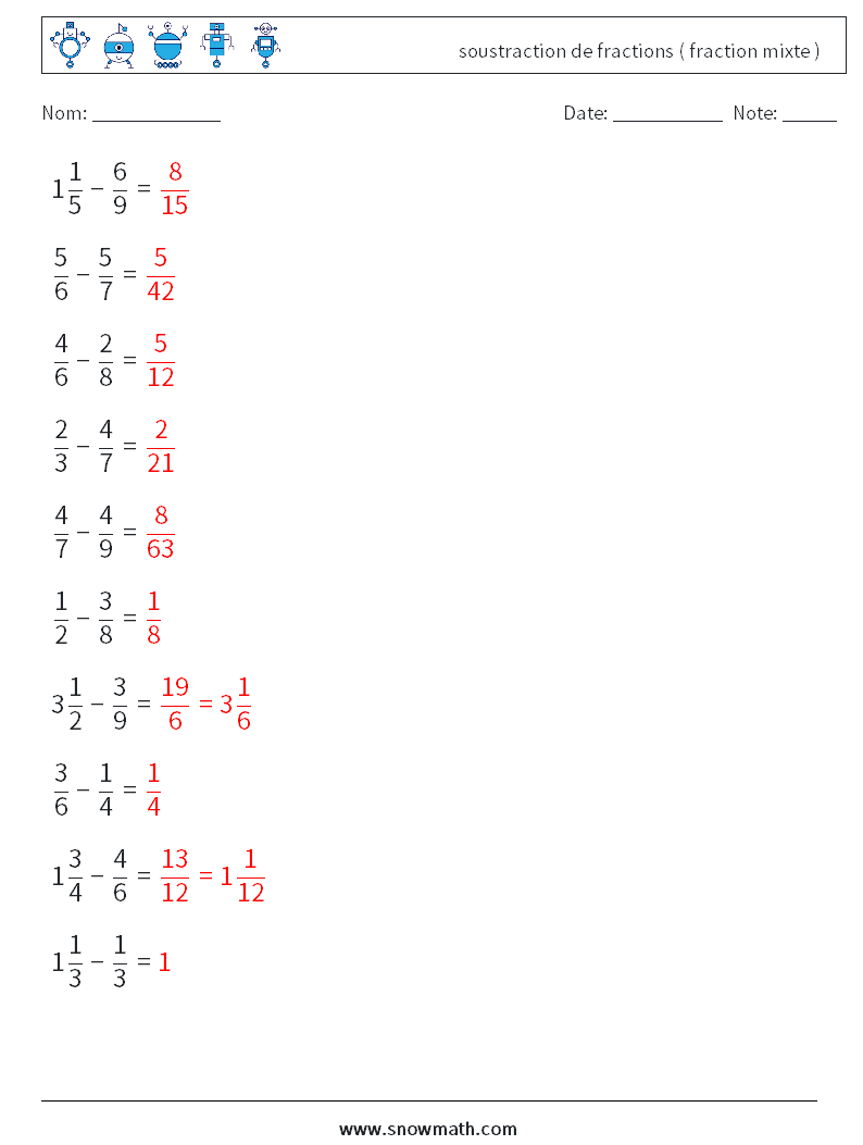 (10) soustraction de fractions ( fraction mixte ) Fiches d'Exercices de Mathématiques 11 Question, Réponse
