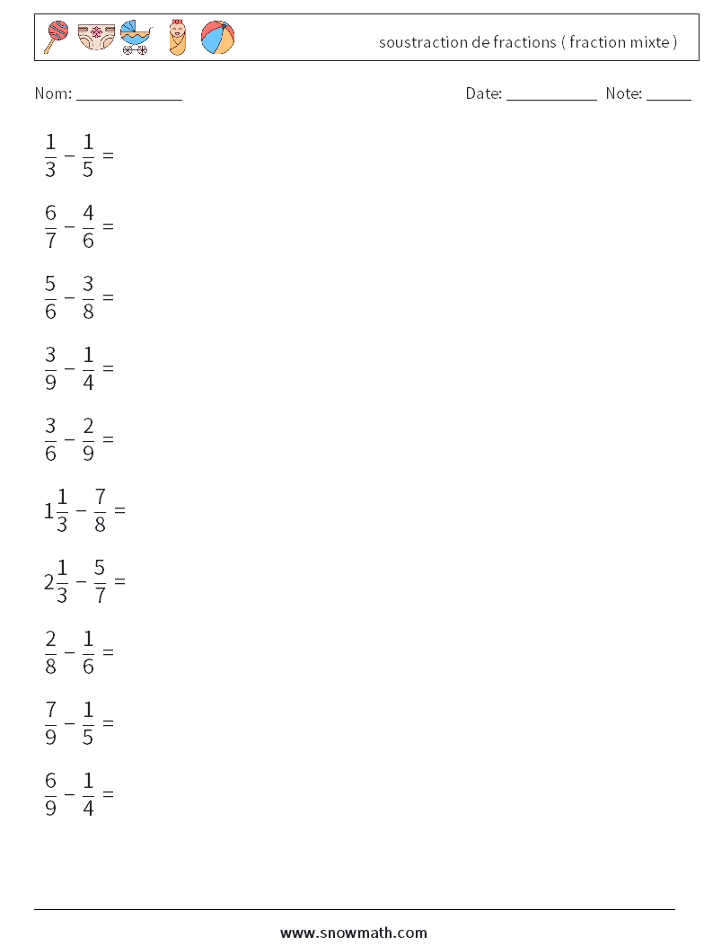 (10) soustraction de fractions ( fraction mixte ) Fiches d'Exercices de Mathématiques 12