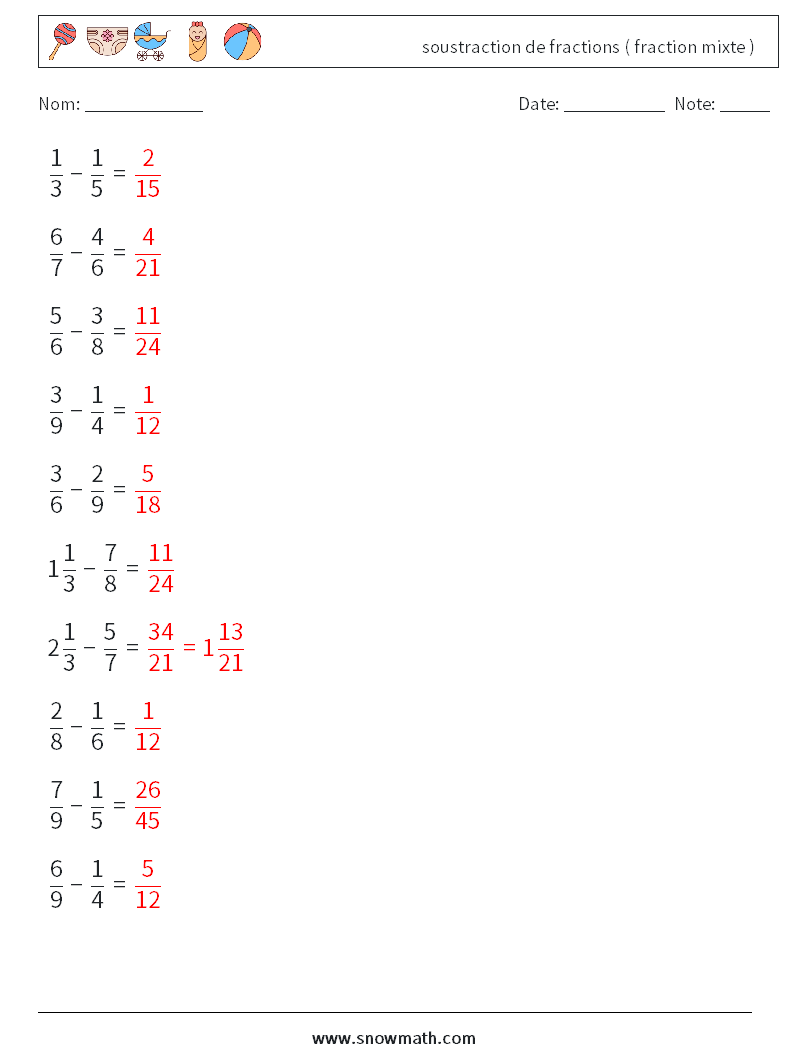 (10) soustraction de fractions ( fraction mixte ) Fiches d'Exercices de Mathématiques 12 Question, Réponse