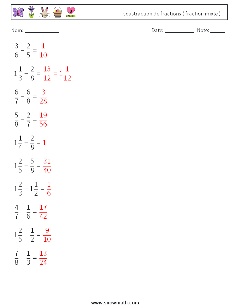 (10) soustraction de fractions ( fraction mixte ) Fiches d'Exercices de Mathématiques 13 Question, Réponse