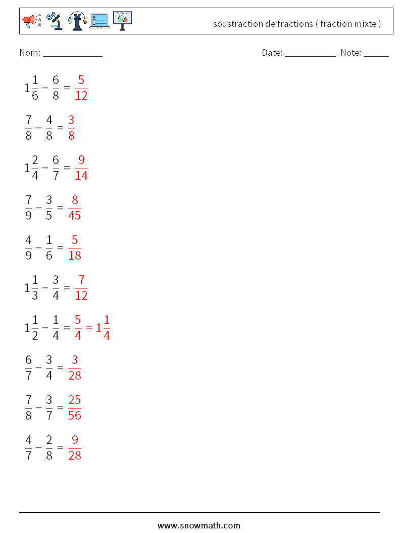 (10) soustraction de fractions ( fraction mixte ) Fiches d'Exercices de Mathématiques 14 Question, Réponse
