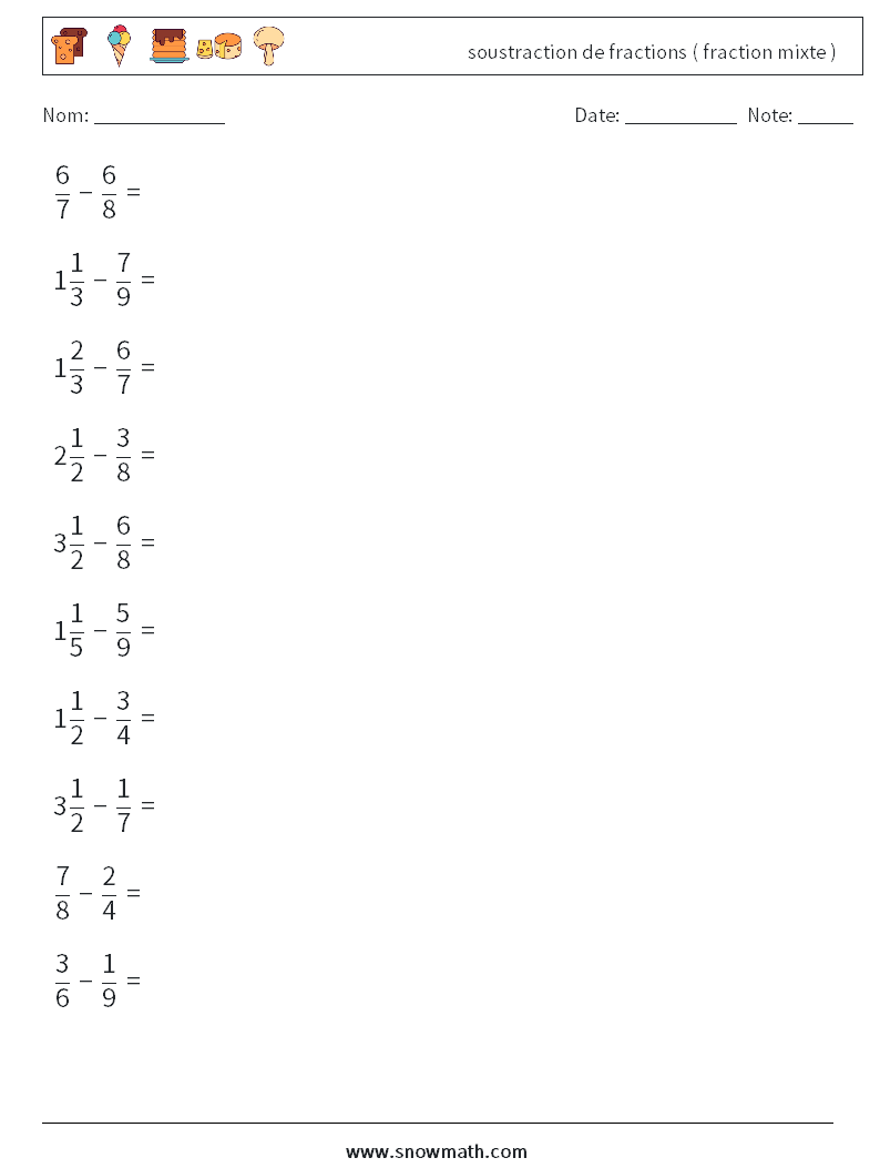 (10) soustraction de fractions ( fraction mixte ) Fiches d'Exercices de Mathématiques 15