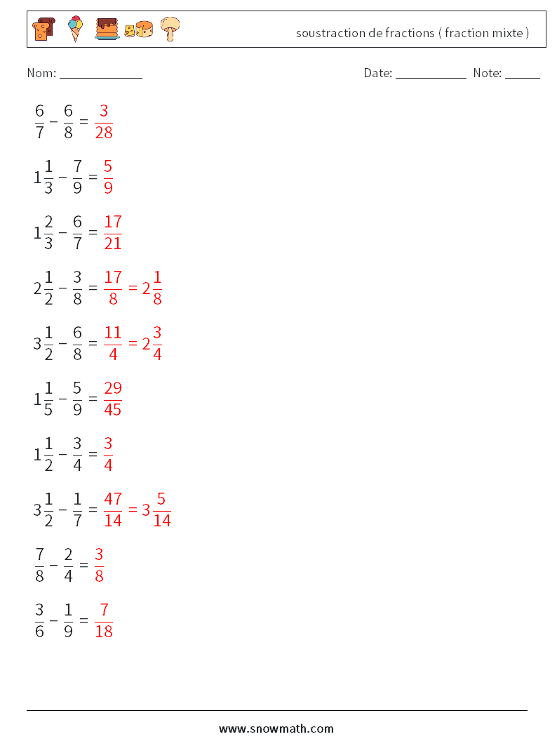 (10) soustraction de fractions ( fraction mixte ) Fiches d'Exercices de Mathématiques 15 Question, Réponse