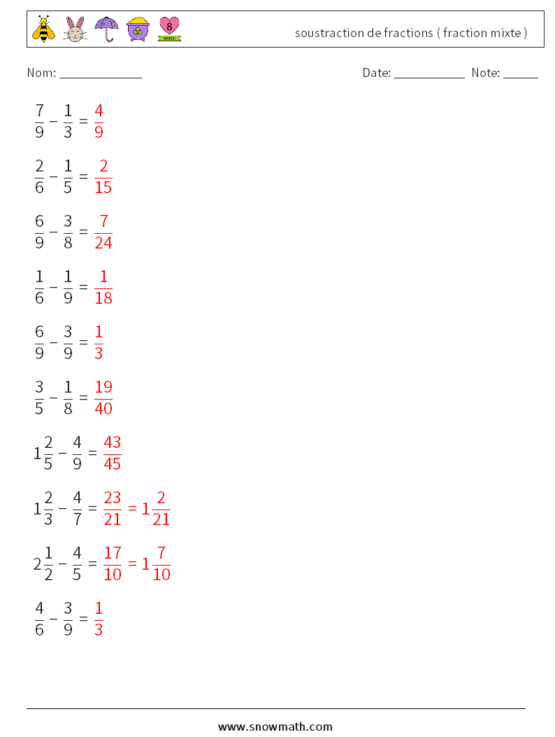 (10) soustraction de fractions ( fraction mixte ) Fiches d'Exercices de Mathématiques 16 Question, Réponse