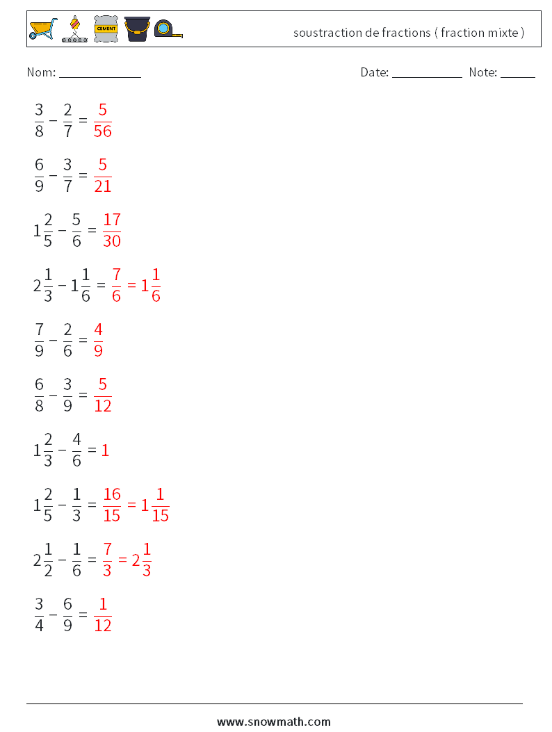 (10) soustraction de fractions ( fraction mixte ) Fiches d'Exercices de Mathématiques 17 Question, Réponse