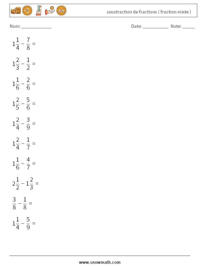(10) soustraction de fractions ( fraction mixte ) Fiches d'Exercices de Mathématiques 18