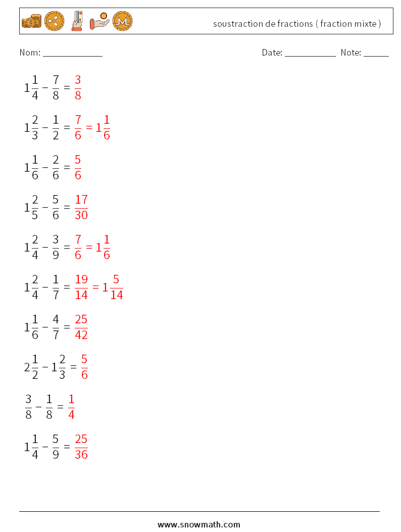 (10) soustraction de fractions ( fraction mixte ) Fiches d'Exercices de Mathématiques 18 Question, Réponse
