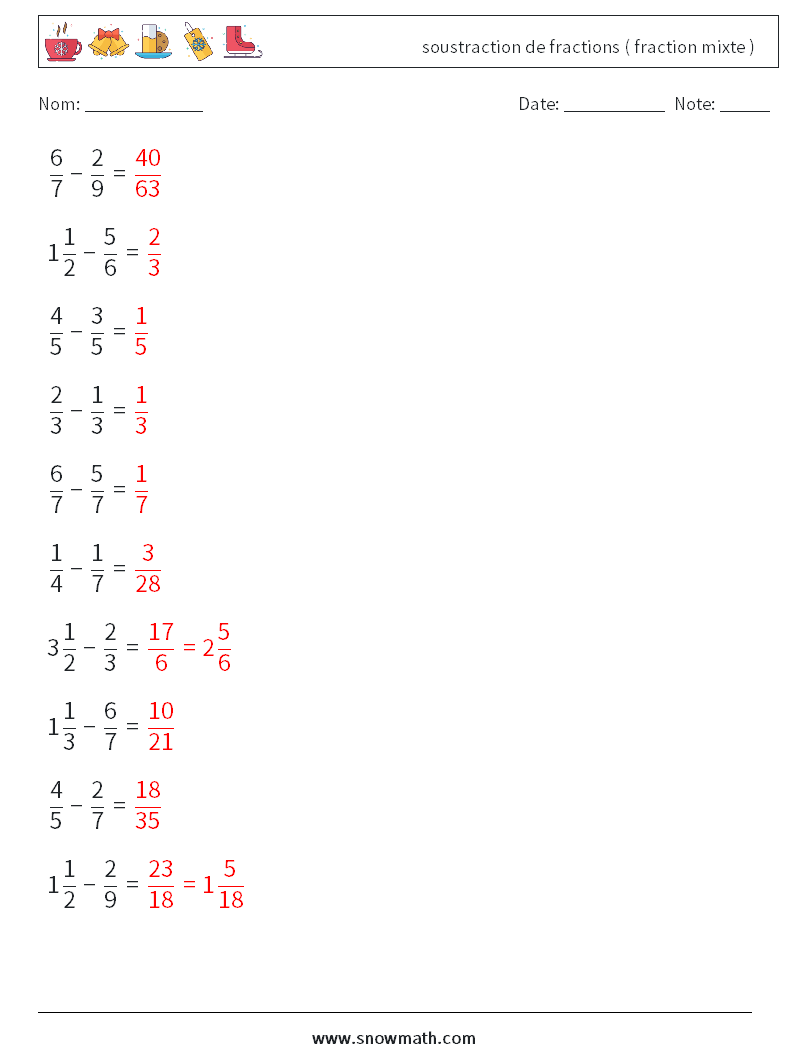 (10) soustraction de fractions ( fraction mixte ) Fiches d'Exercices de Mathématiques 1 Question, Réponse