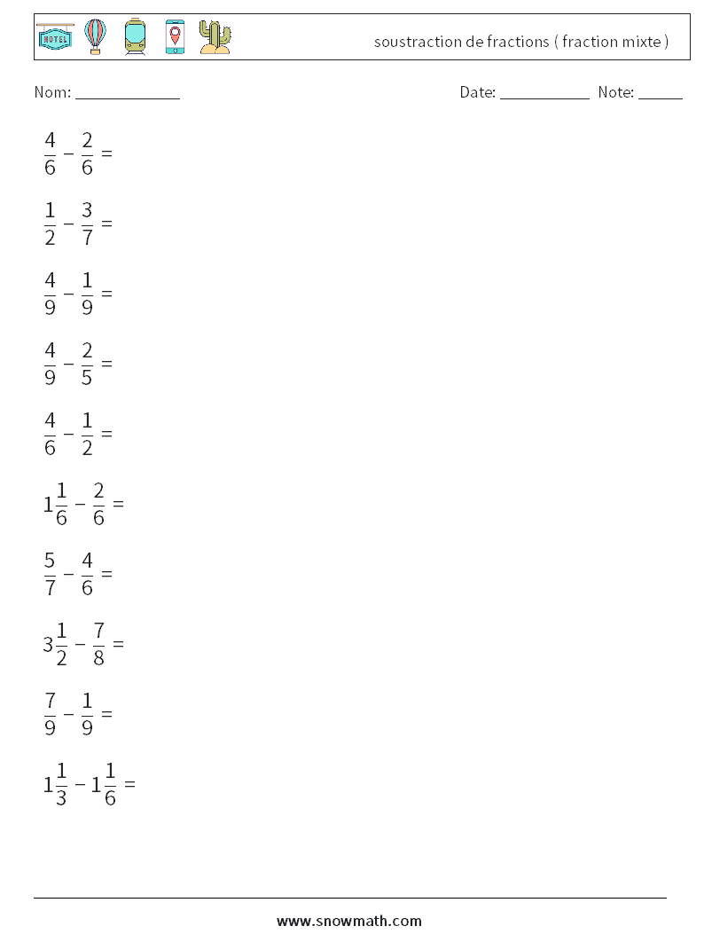 (10) soustraction de fractions ( fraction mixte ) Fiches d'Exercices de Mathématiques 2