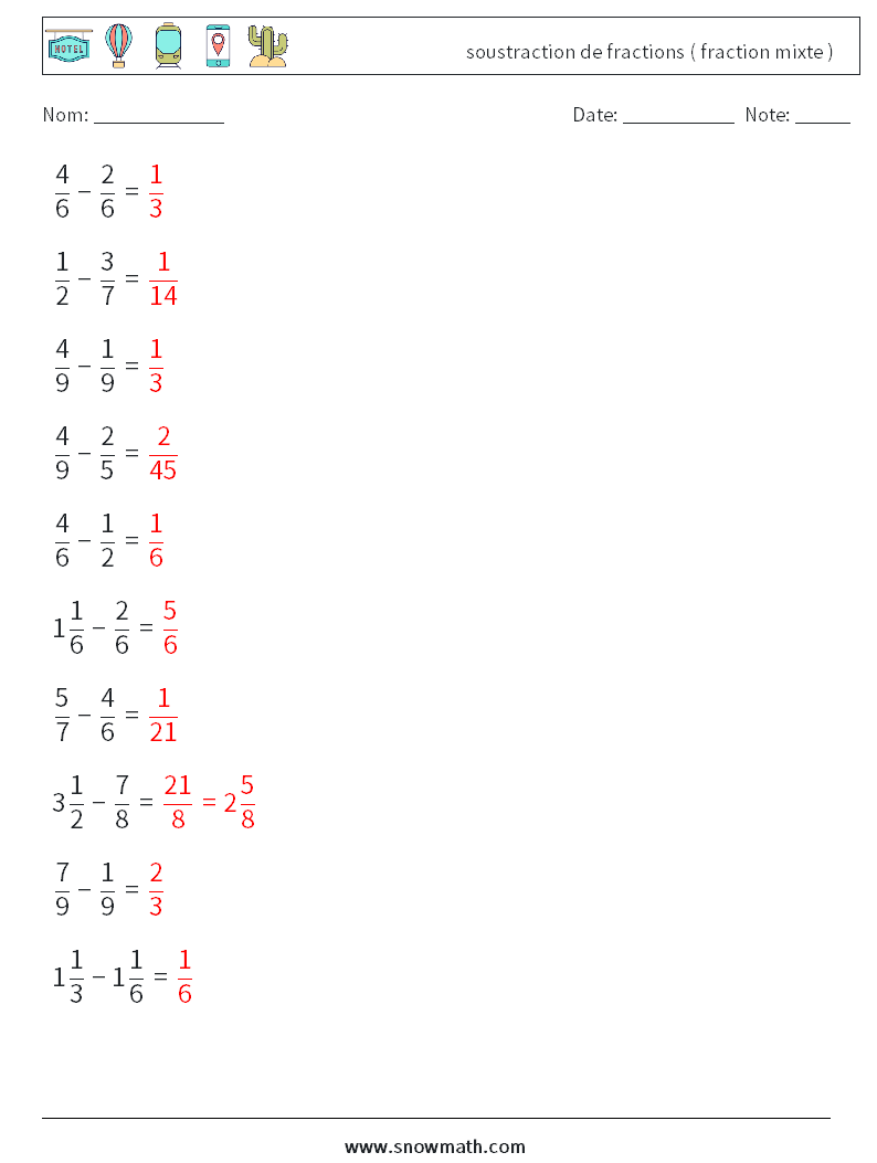 (10) soustraction de fractions ( fraction mixte ) Fiches d'Exercices de Mathématiques 2 Question, Réponse