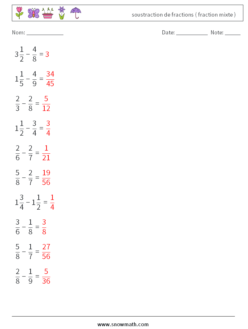 (10) soustraction de fractions ( fraction mixte ) Fiches d'Exercices de Mathématiques 3 Question, Réponse