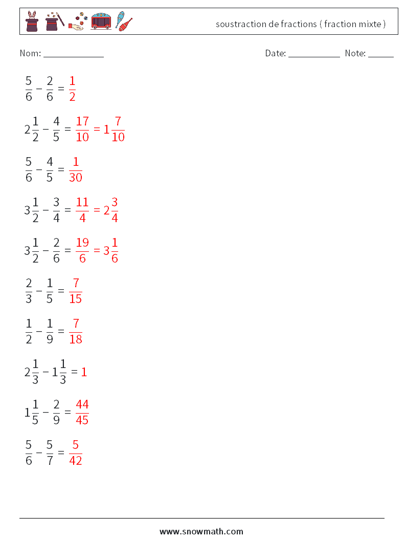 (10) soustraction de fractions ( fraction mixte ) Fiches d'Exercices de Mathématiques 4 Question, Réponse