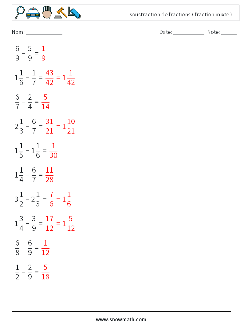(10) soustraction de fractions ( fraction mixte ) Fiches d'Exercices de Mathématiques 5 Question, Réponse