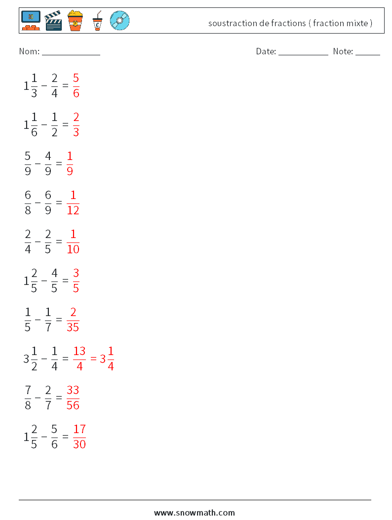 (10) soustraction de fractions ( fraction mixte ) Fiches d'Exercices de Mathématiques 6 Question, Réponse