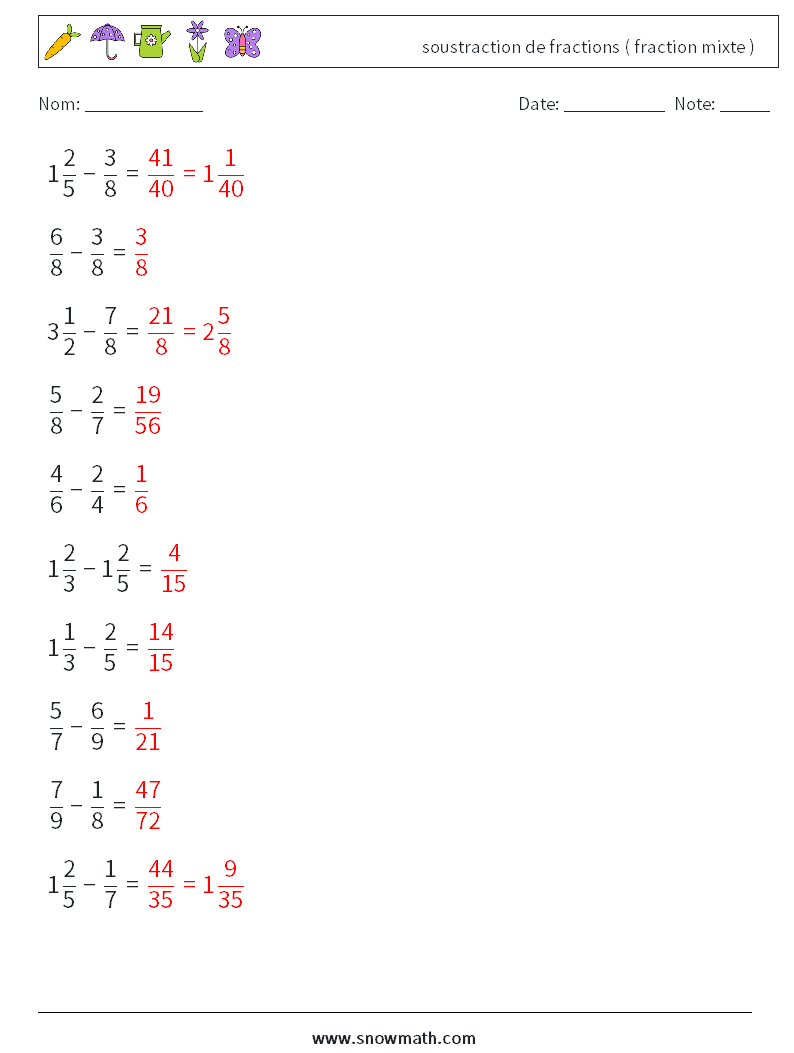 (10) soustraction de fractions ( fraction mixte ) Fiches d'Exercices de Mathématiques 7 Question, Réponse