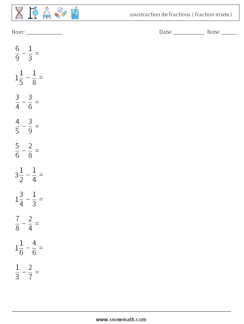 (10) soustraction de fractions ( fraction mixte ) Fiches d'Exercices de Mathématiques 8