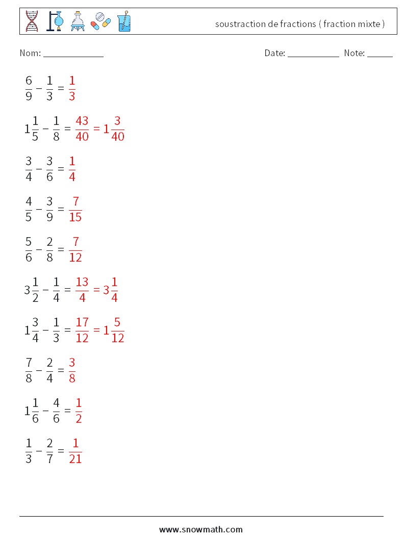 (10) soustraction de fractions ( fraction mixte ) Fiches d'Exercices de Mathématiques 8 Question, Réponse