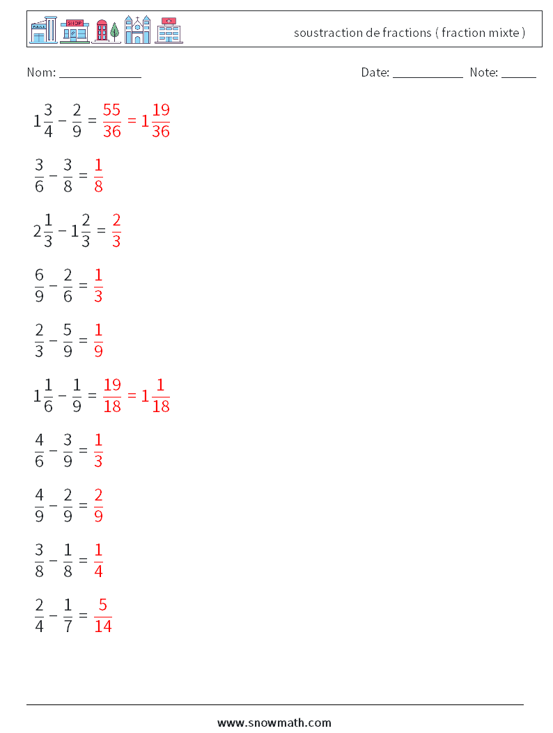(10) soustraction de fractions ( fraction mixte ) Fiches d'Exercices de Mathématiques 9 Question, Réponse