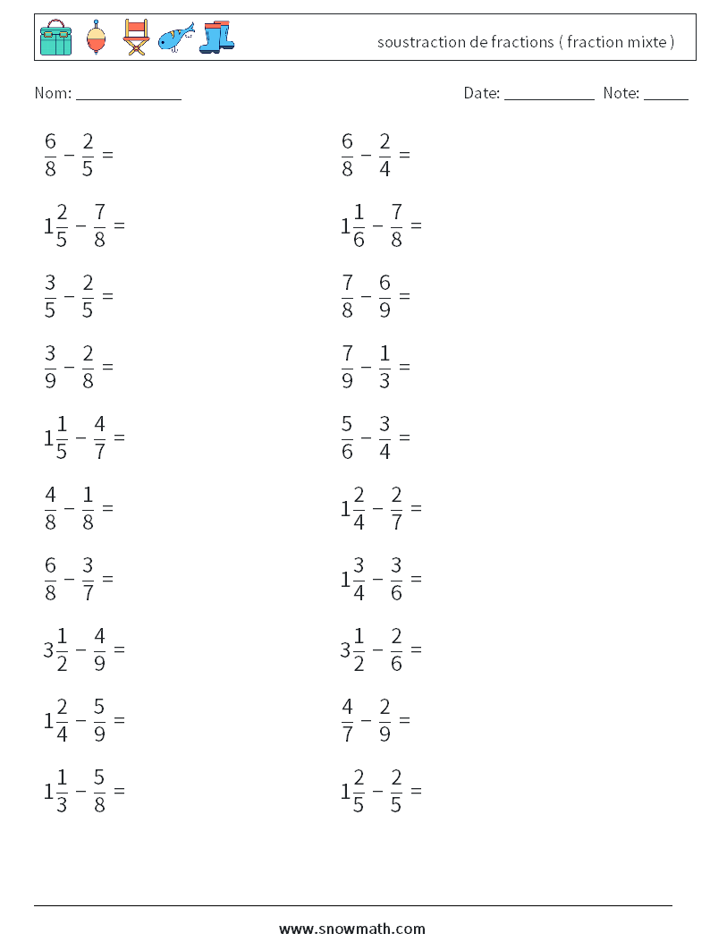 (20) soustraction de fractions ( fraction mixte )