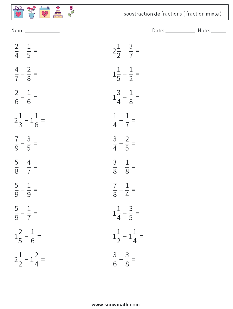 (20) soustraction de fractions ( fraction mixte ) Fiches d'Exercices de Mathématiques 10