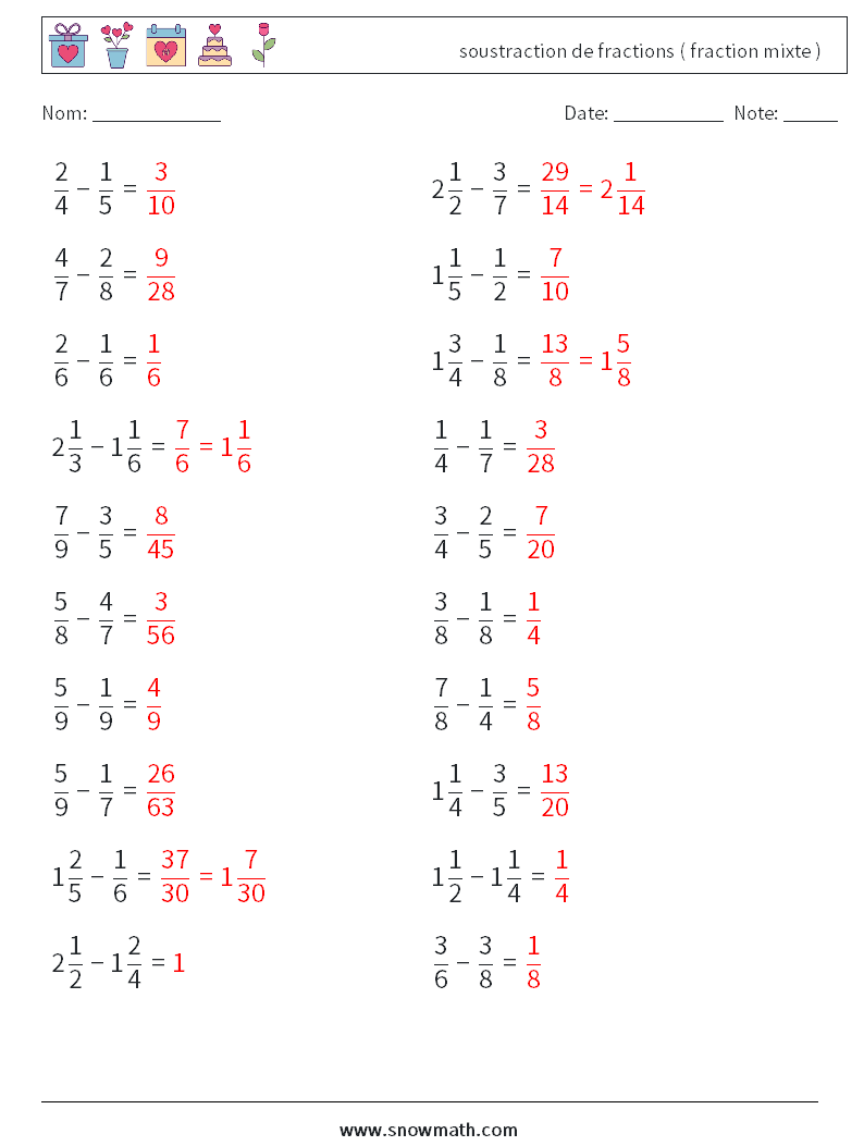 (20) soustraction de fractions ( fraction mixte ) Fiches d'Exercices de Mathématiques 10 Question, Réponse