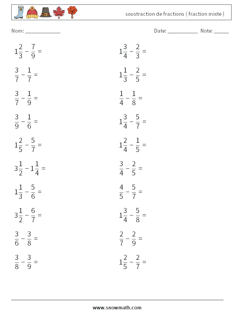(20) soustraction de fractions ( fraction mixte ) Fiches d'Exercices de Mathématiques 11