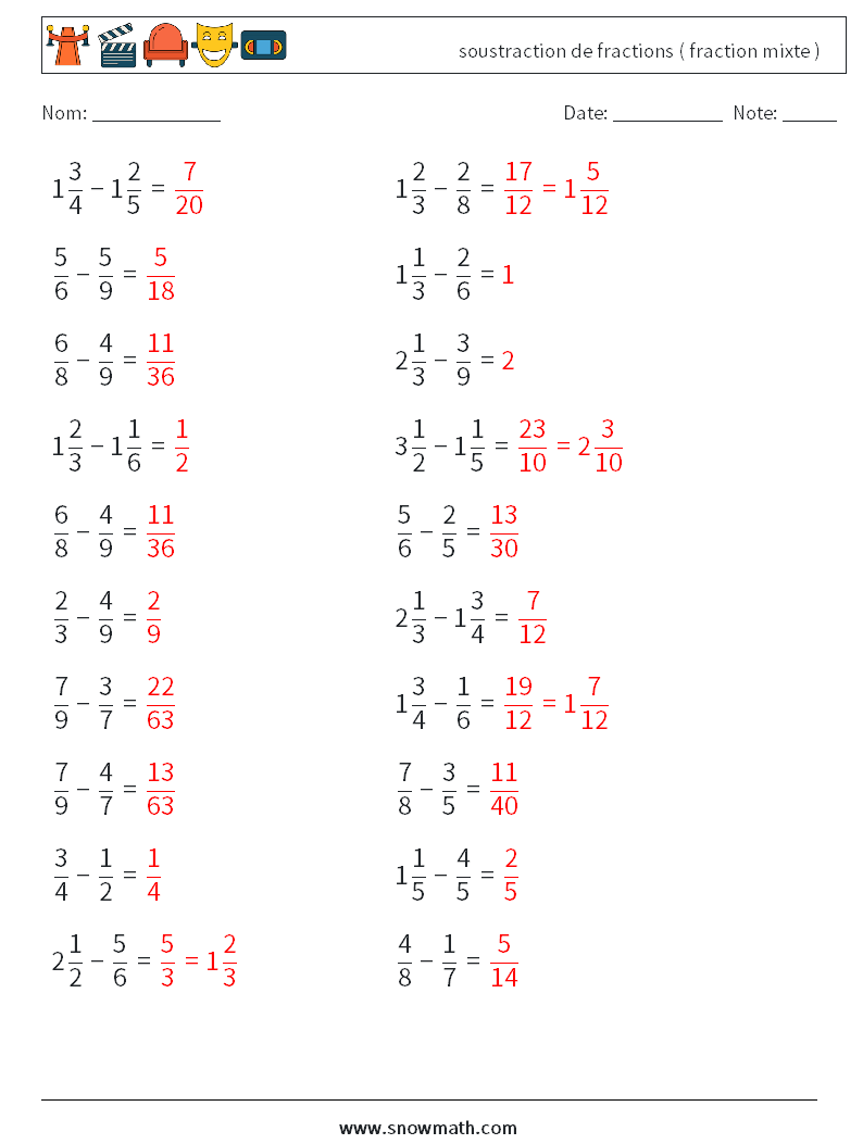(20) soustraction de fractions ( fraction mixte ) Fiches d'Exercices de Mathématiques 12 Question, Réponse