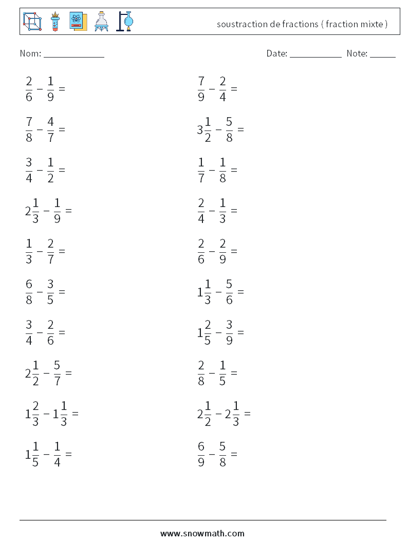 (20) soustraction de fractions ( fraction mixte ) Fiches d'Exercices de Mathématiques 13