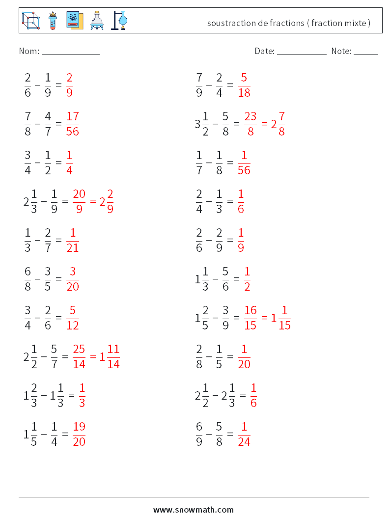 (20) soustraction de fractions ( fraction mixte ) Fiches d'Exercices de Mathématiques 13 Question, Réponse