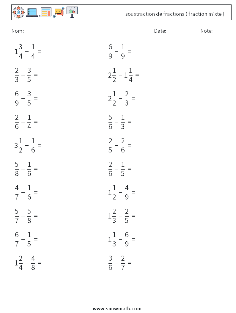 (20) soustraction de fractions ( fraction mixte ) Fiches d'Exercices de Mathématiques 15
