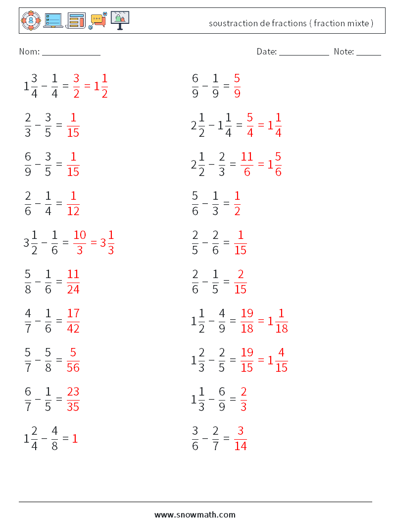 (20) soustraction de fractions ( fraction mixte ) Fiches d'Exercices de Mathématiques 15 Question, Réponse