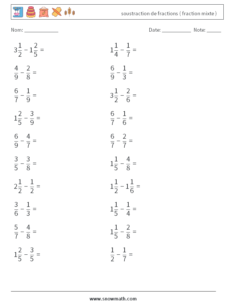 (20) soustraction de fractions ( fraction mixte ) Fiches d'Exercices de Mathématiques 16