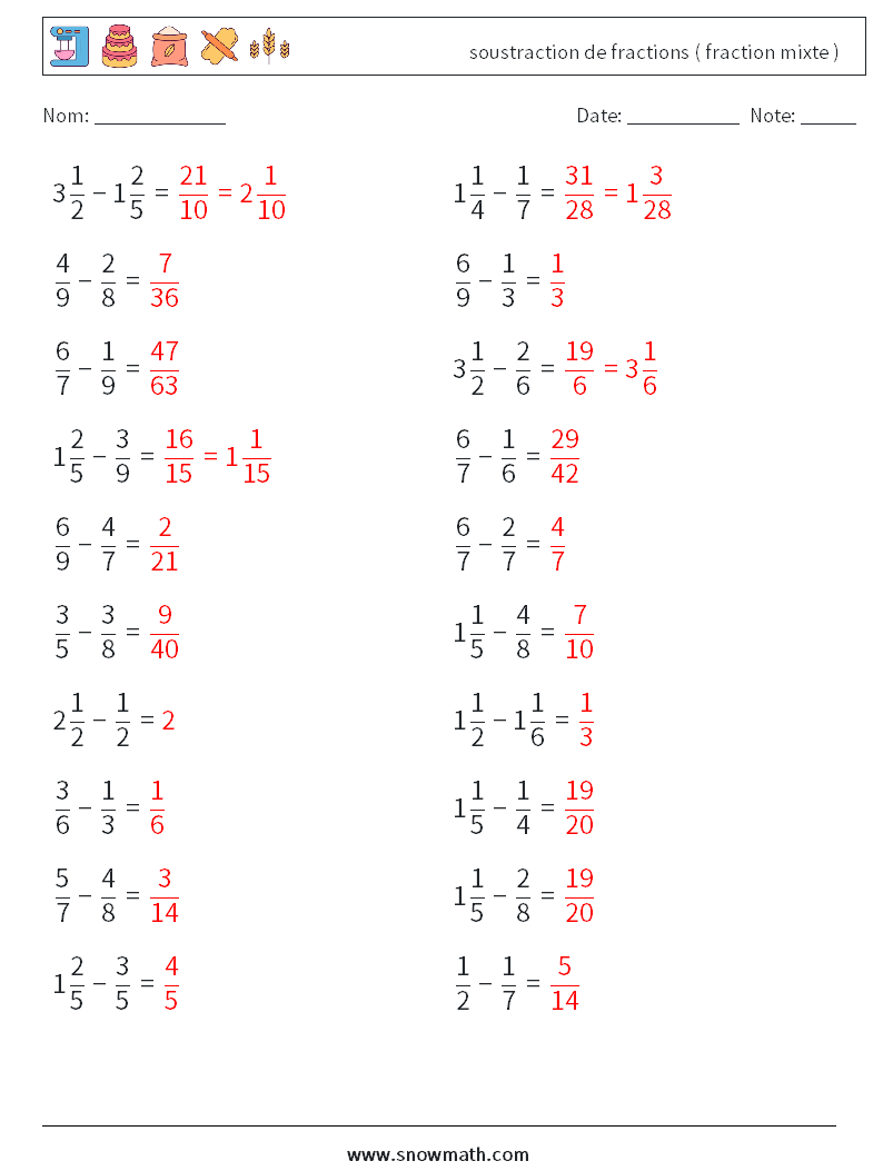 (20) soustraction de fractions ( fraction mixte ) Fiches d'Exercices de Mathématiques 16 Question, Réponse