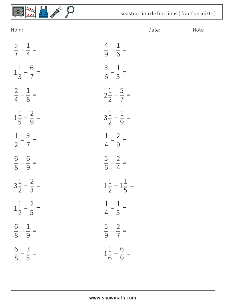 (20) soustraction de fractions ( fraction mixte ) Fiches d'Exercices de Mathématiques 17