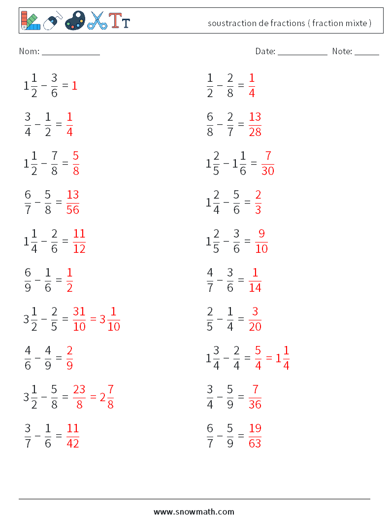 (20) soustraction de fractions ( fraction mixte ) Fiches d'Exercices de Mathématiques 18 Question, Réponse