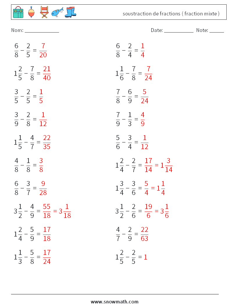 (20) soustraction de fractions ( fraction mixte ) Fiches d'Exercices de Mathématiques 1 Question, Réponse