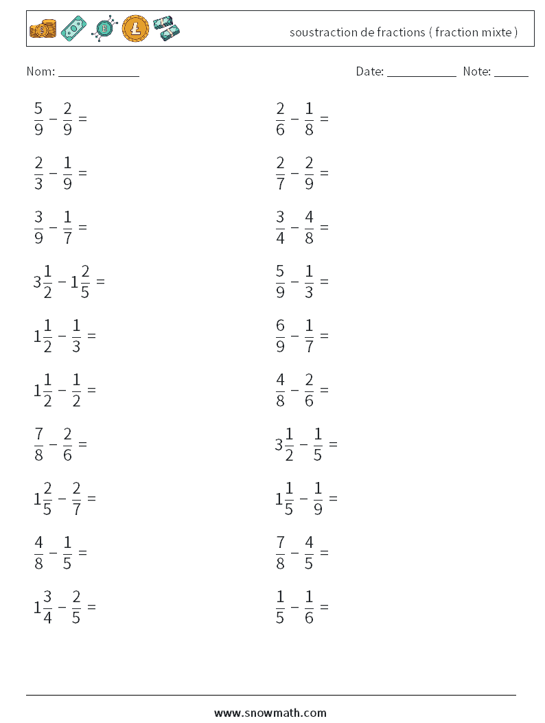 (20) soustraction de fractions ( fraction mixte ) Fiches d'Exercices de Mathématiques 2