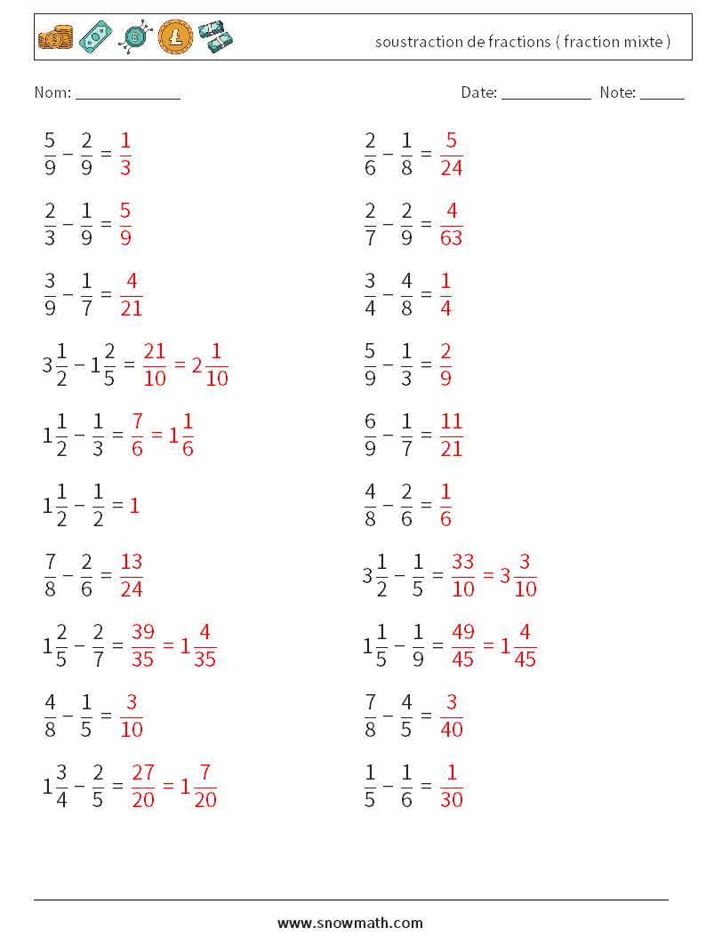 (20) soustraction de fractions ( fraction mixte ) Fiches d'Exercices de Mathématiques 2 Question, Réponse