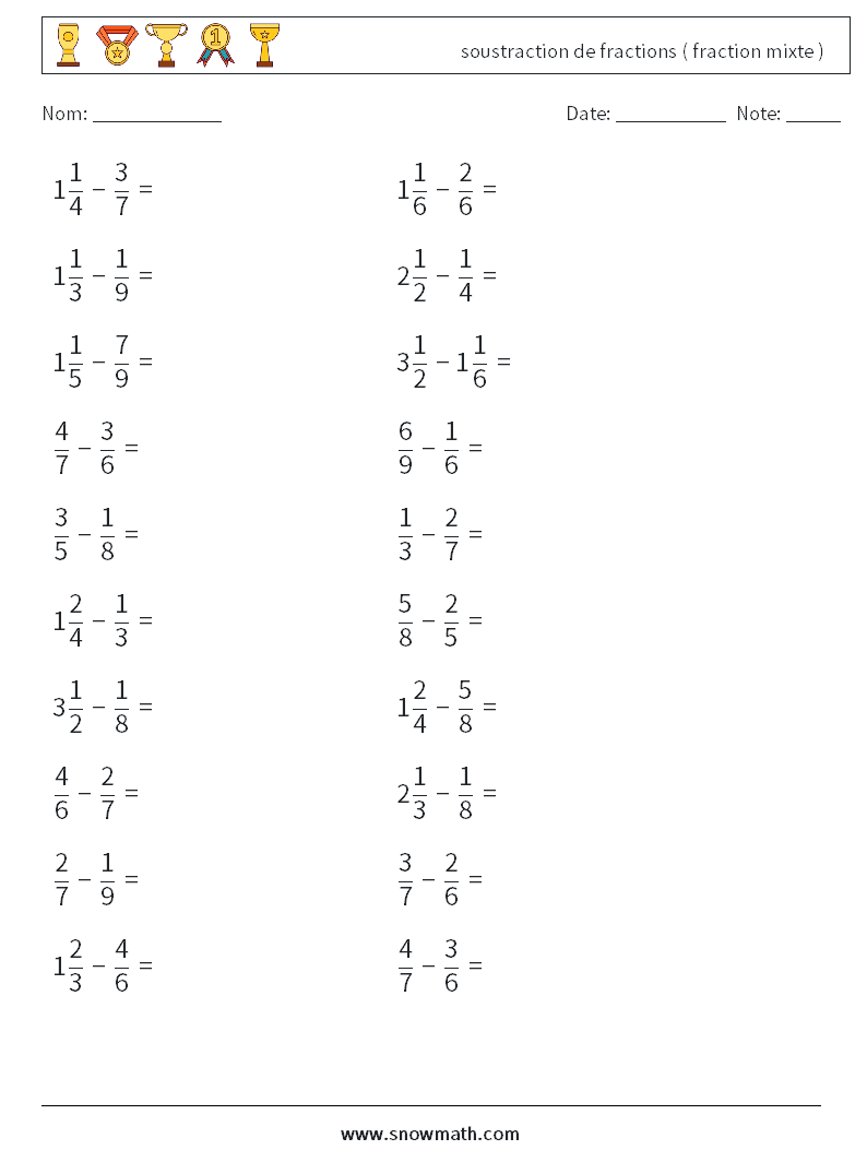 (20) soustraction de fractions ( fraction mixte ) Fiches d'Exercices de Mathématiques 3