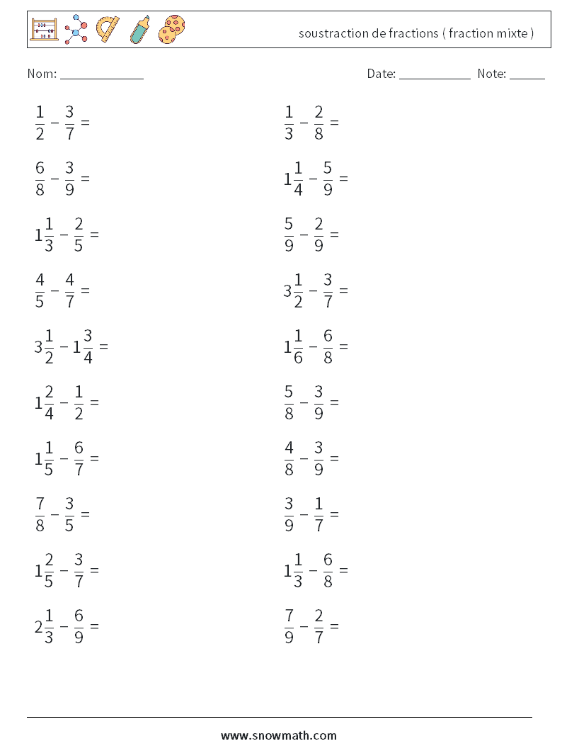 (20) soustraction de fractions ( fraction mixte ) Fiches d'Exercices de Mathématiques 4