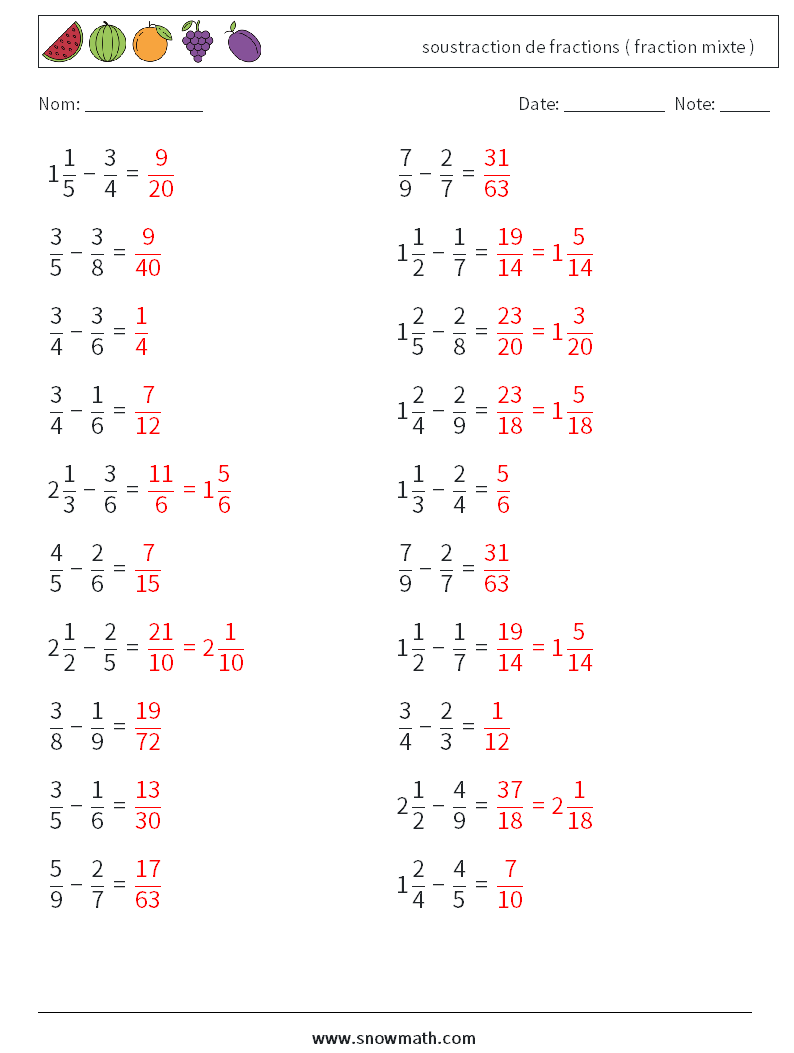 (20) soustraction de fractions ( fraction mixte ) Fiches d'Exercices de Mathématiques 5 Question, Réponse